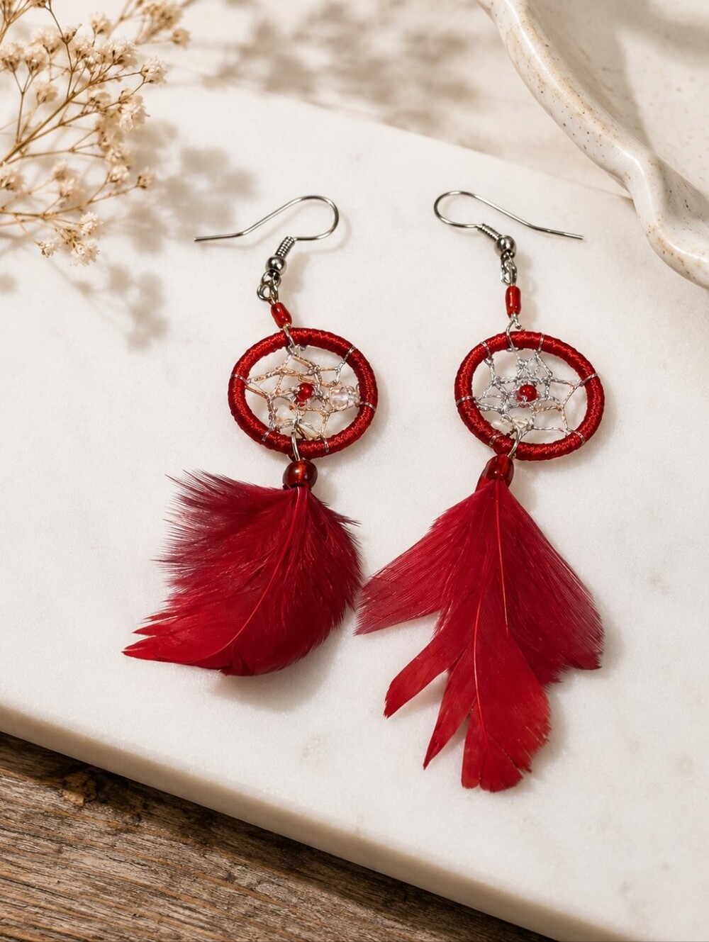 Red Dreamcatcher Feather Earrings